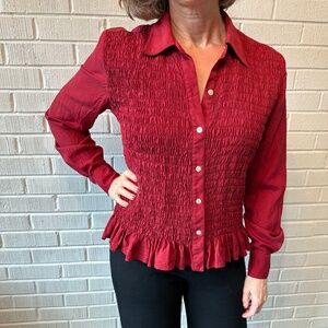 Red Shirred silk button down shirt, size M